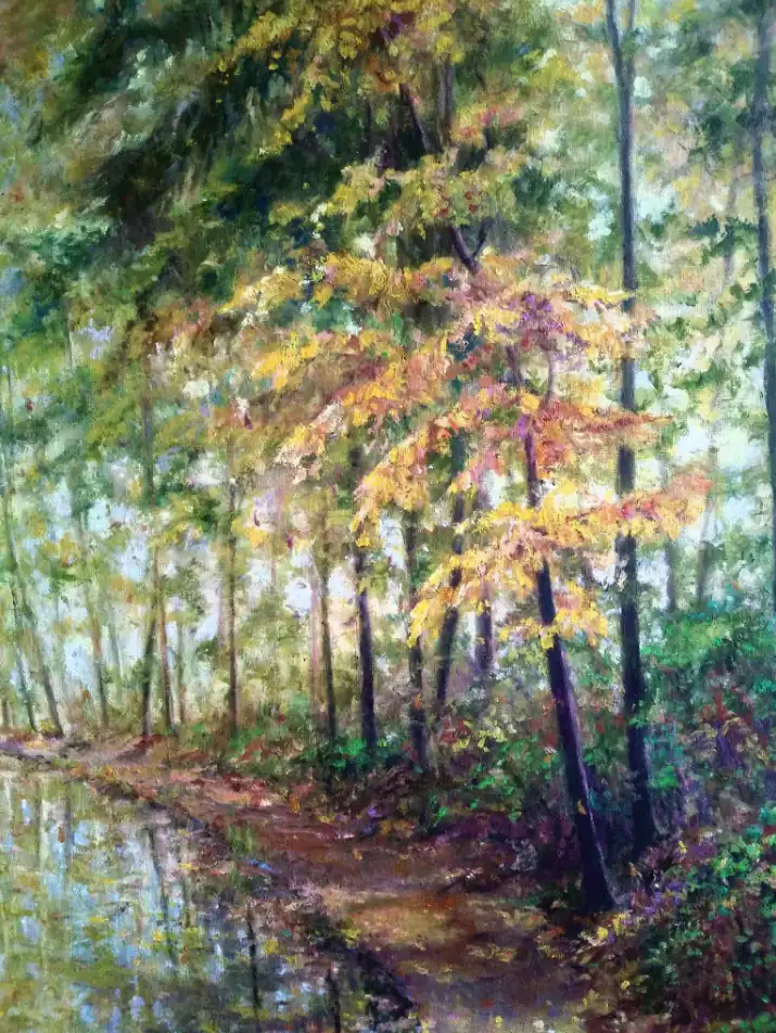 Sunlit Autumn Path — an impressionist painting of a golden tree-lined pathway dappled with light